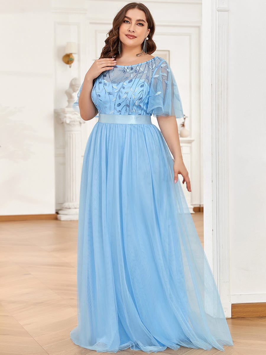 Plus Size Women's Embroidery Evening Dresses with Short Sleeve #color_Sky Blue 