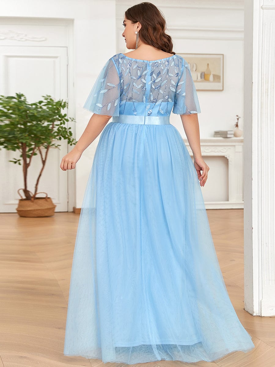 Plus Size Women's Embroidery Evening Dresses with Short Sleeve #color_Sky Blue 