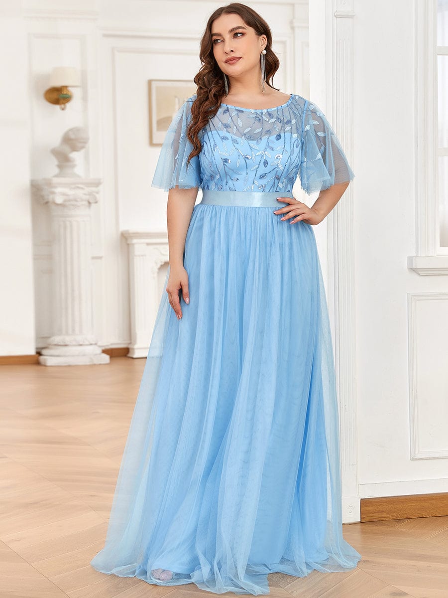 Plus Size Women's Embroidery Evening Dresses with Short Sleeve #color_Sky Blue 