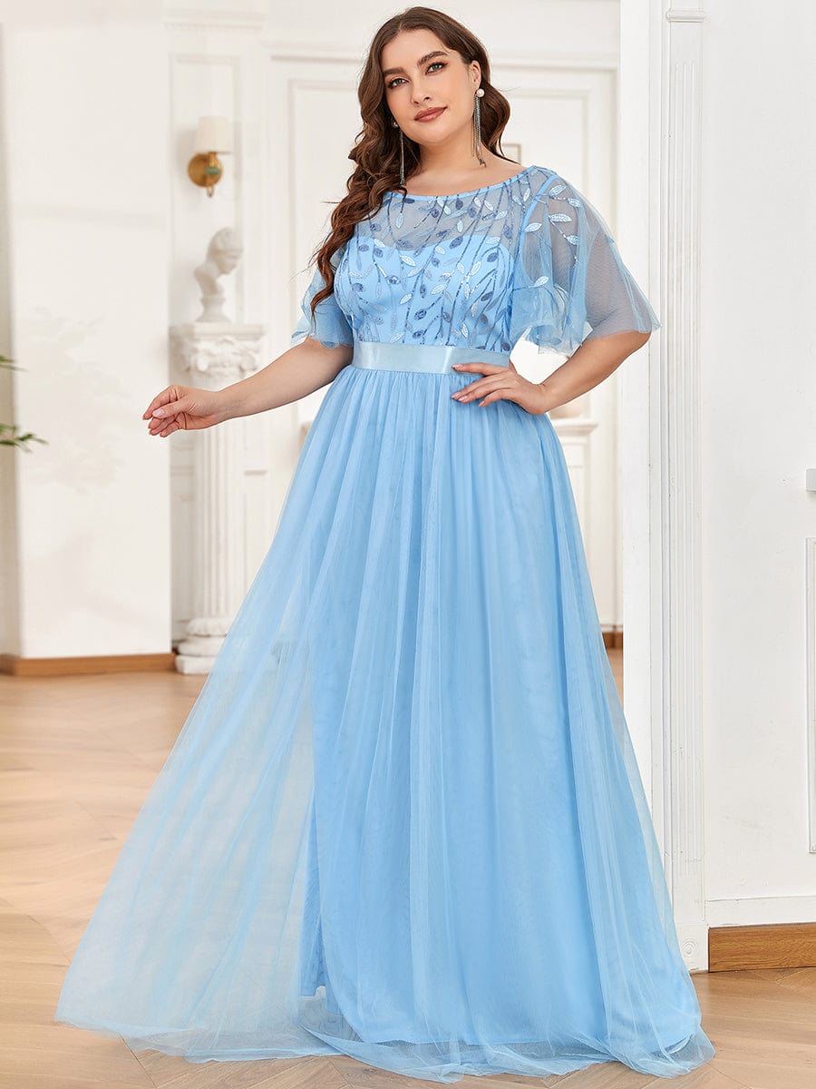 Plus Size Women's Embroidery Evening Dresses with Short Sleeve #color_Sky Blue 