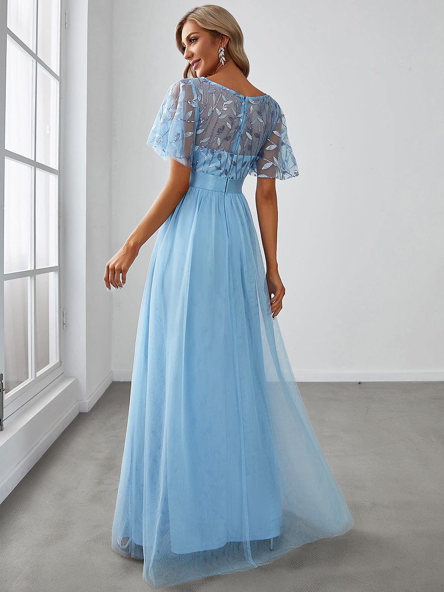 Women's A-Line Sequin Leaf Maxi Prom Dress with Sleeves #color_Sky Blue