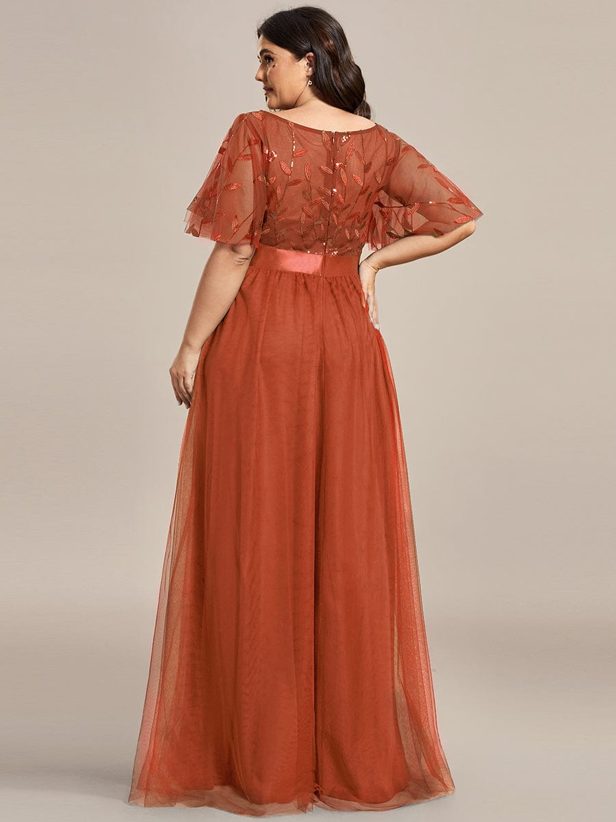 Plus Size Women's Embroidery Evening Dresses with Short Sleeve #color_Burnt Orange