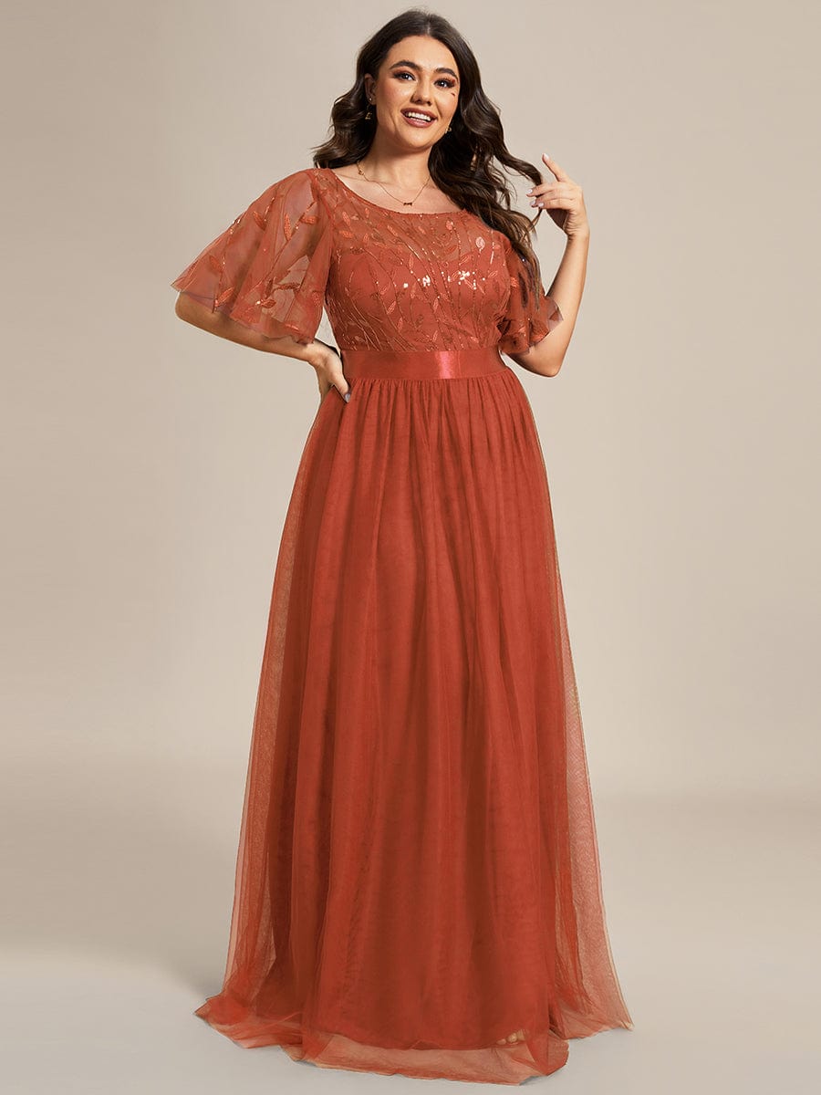 Plus Size Women's Embroidery Evening Dresses with Short Sleeve #color_Burnt Orange