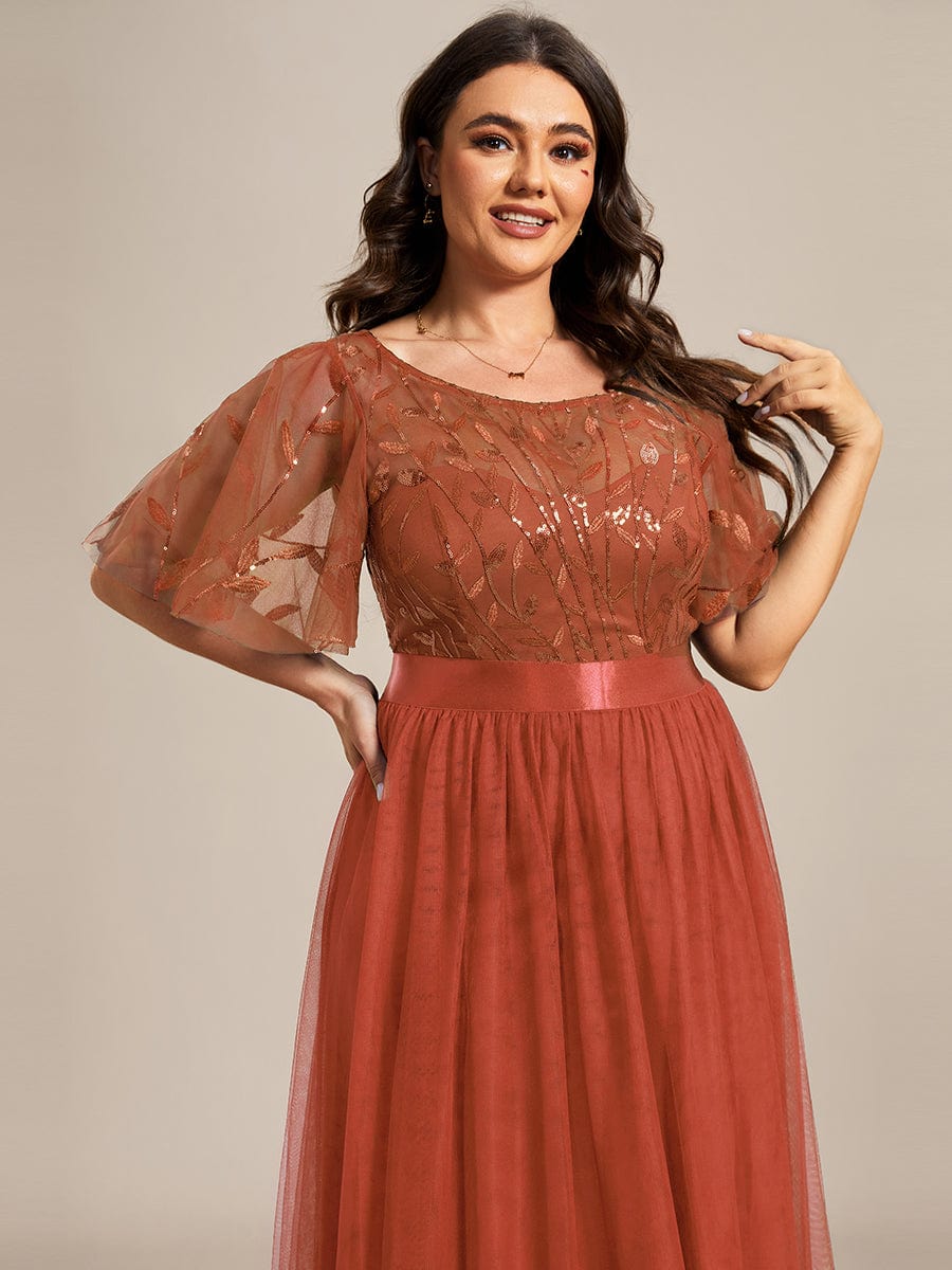 Plus Size Women's Embroidery Evening Dresses with Short Sleeve #color_Burnt Orange