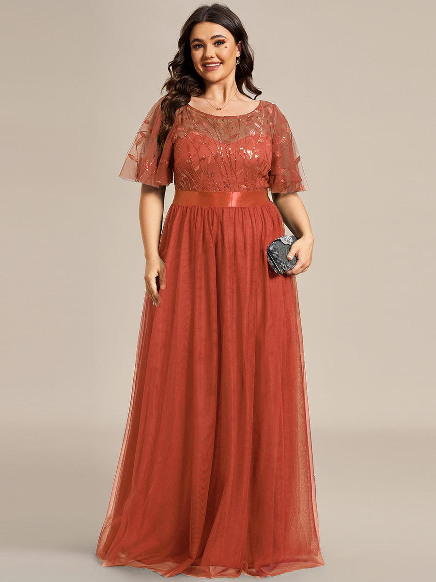 Plus Size Women's Embroidery Evening Dresses with Short Sleeve #color_Burnt Orange