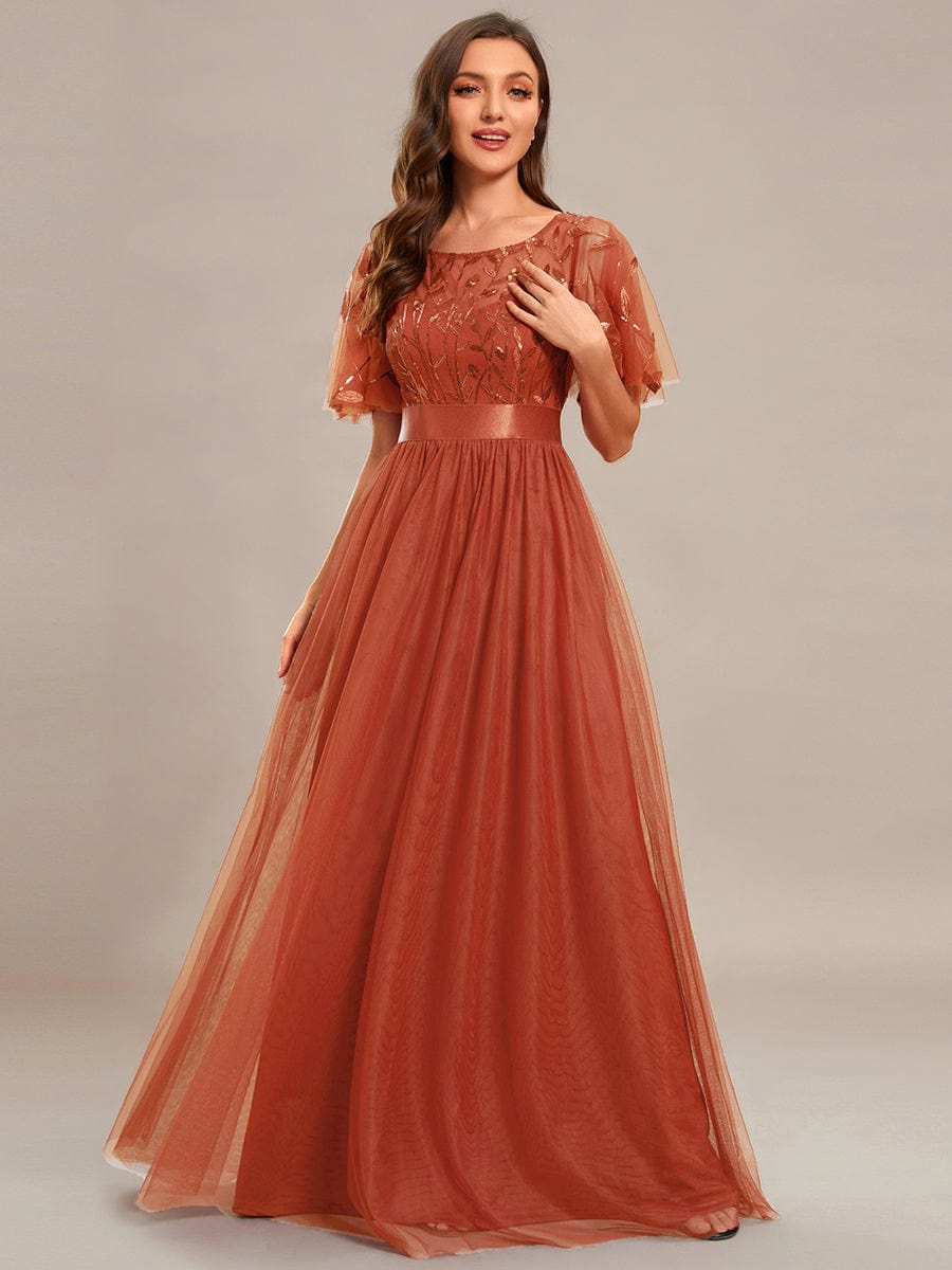 Women's A-Line Sequin Leaf Maxi Prom Dress with Sleeves #color_Burnt Orange