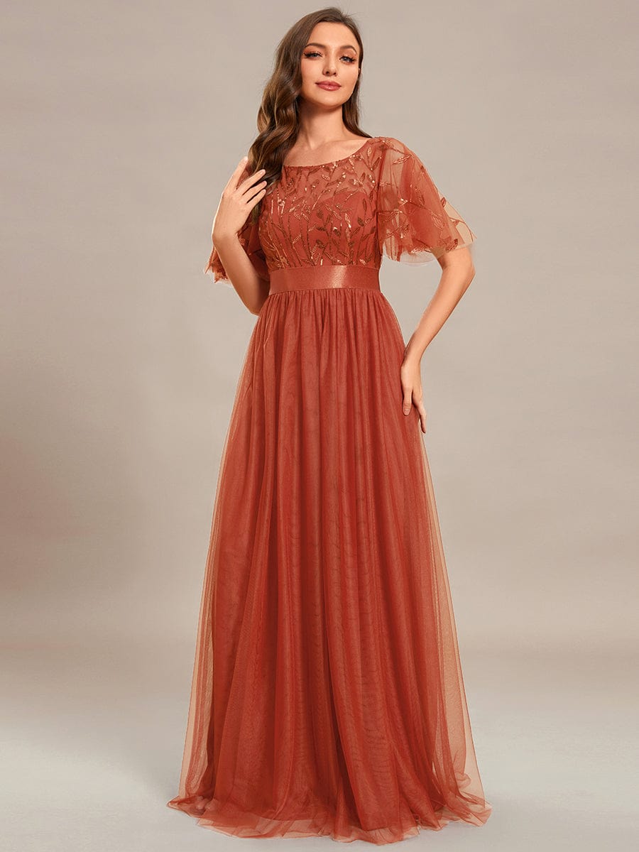 Women's A-Line Sequin Leaf Maxi Prom Dress with Sleeves #color_Burnt Orange