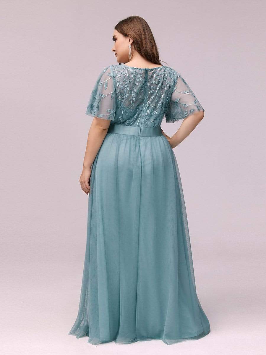 Women's A-Line Sequin Leaf Maxi Prom Dress with Sleeves #color_Light Teal 