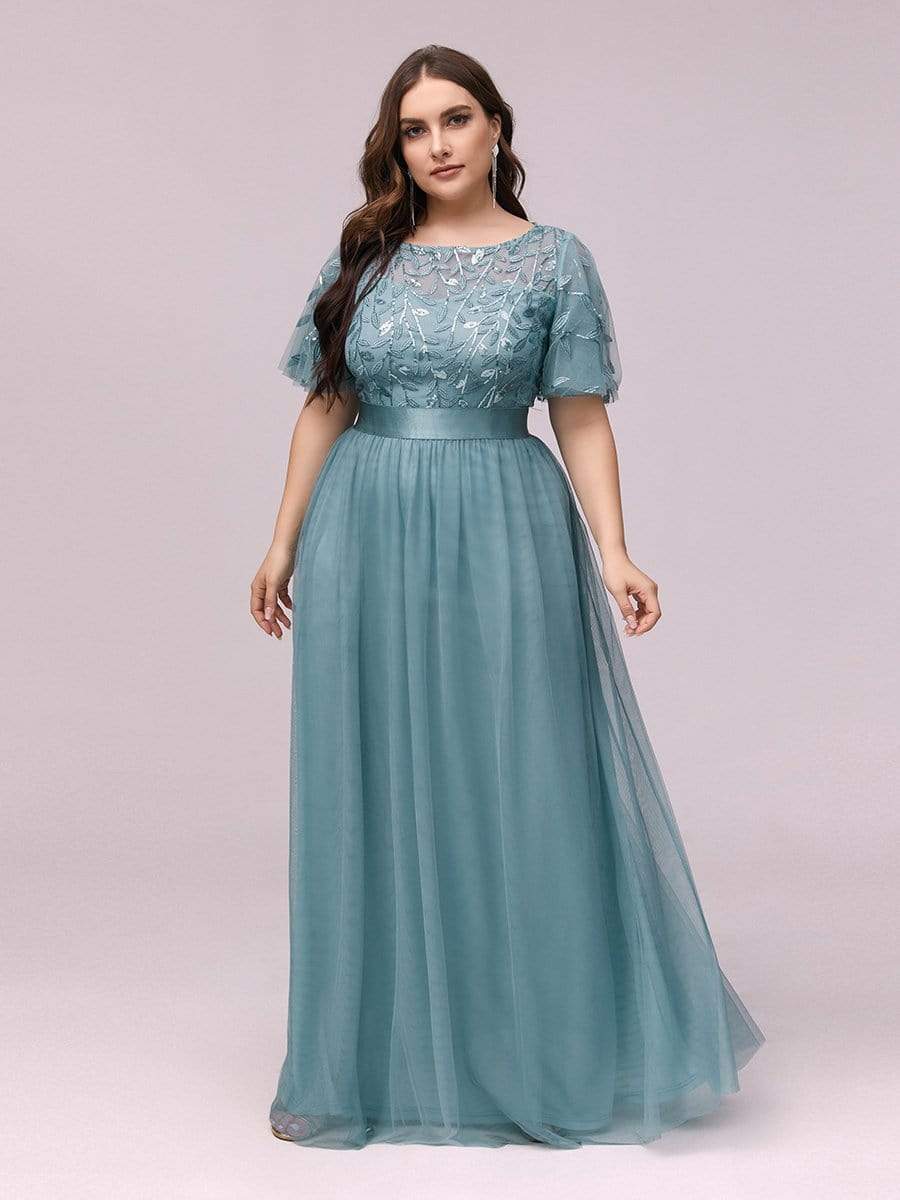 Plus Size Women's Embroidery Evening Dresses with Short Sleeve #color_Dusty Blue 