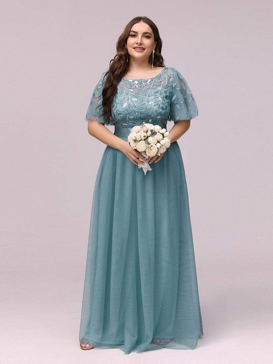 Plus Size Women's Embroidery Evening Dresses with Short Sleeve #color_Light Teal 