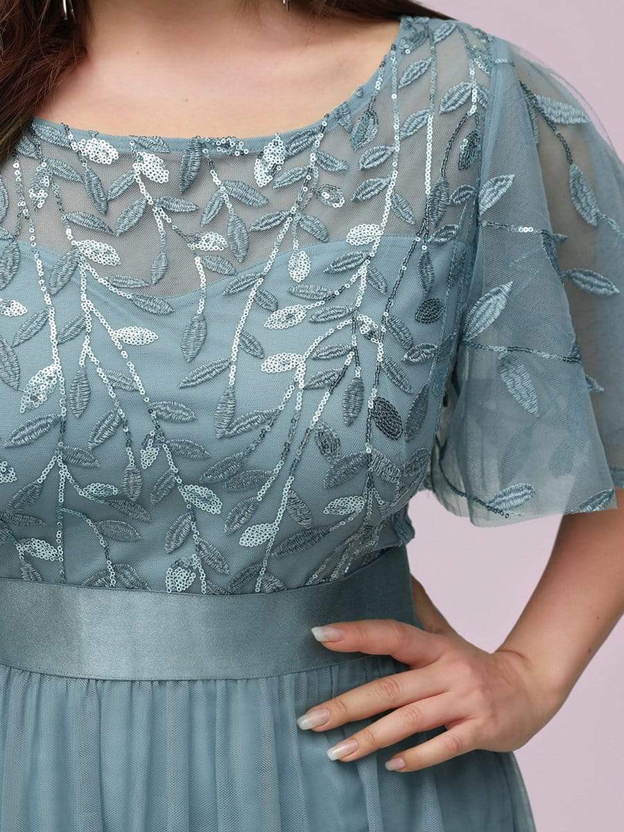 Plus Size Women's Embroidery Evening Dresses with Short Sleeve #color_Light Teal 