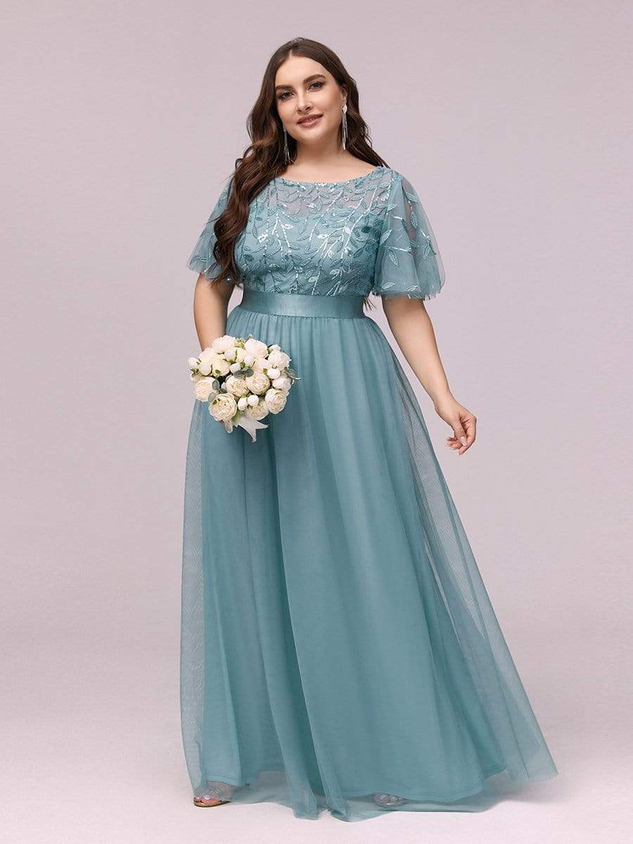 Women's A-Line Sequin Leaf Maxi Prom Dress with Sleeves #color_Light Teal 