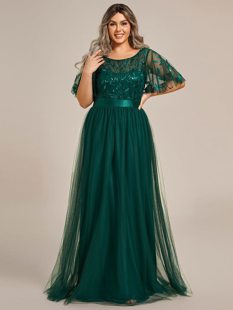 Plus Size Sequin Bodice Long Formal Evening Dresses #color_Dark Green