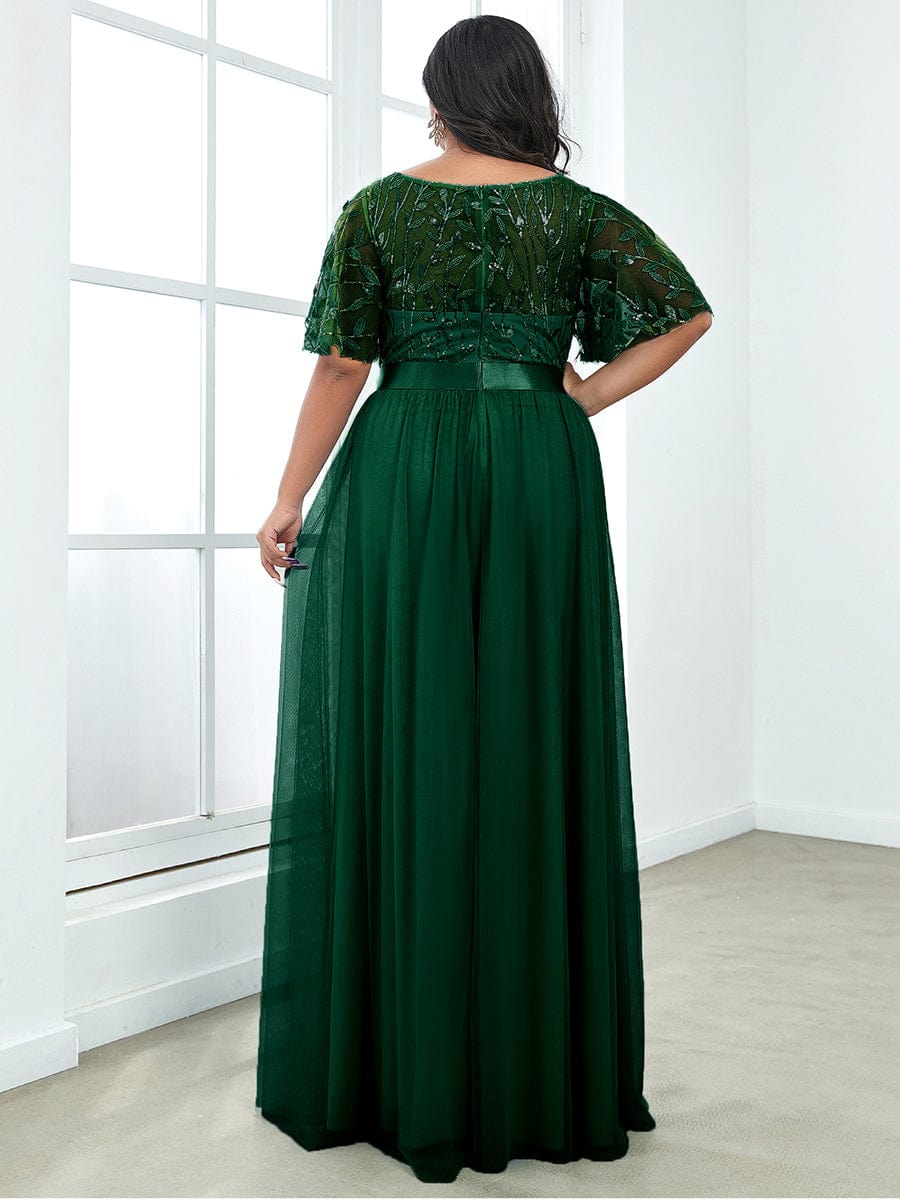 Women's A-Line Sequin Leaf Maxi Prom Dress with Sleeves #color_Dark Green