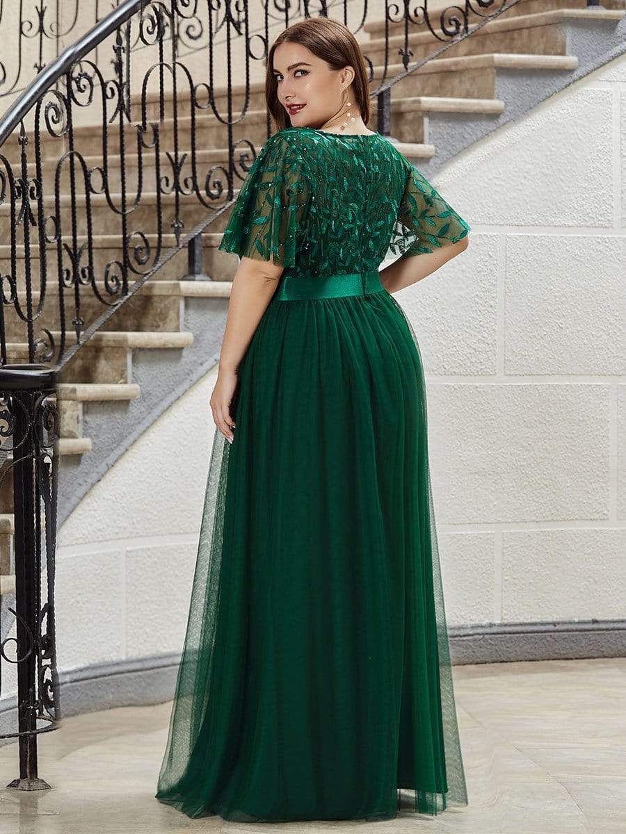 Plus Size Women's Embroidery Evening Dresses with Short Sleeve #color_Dark Green 