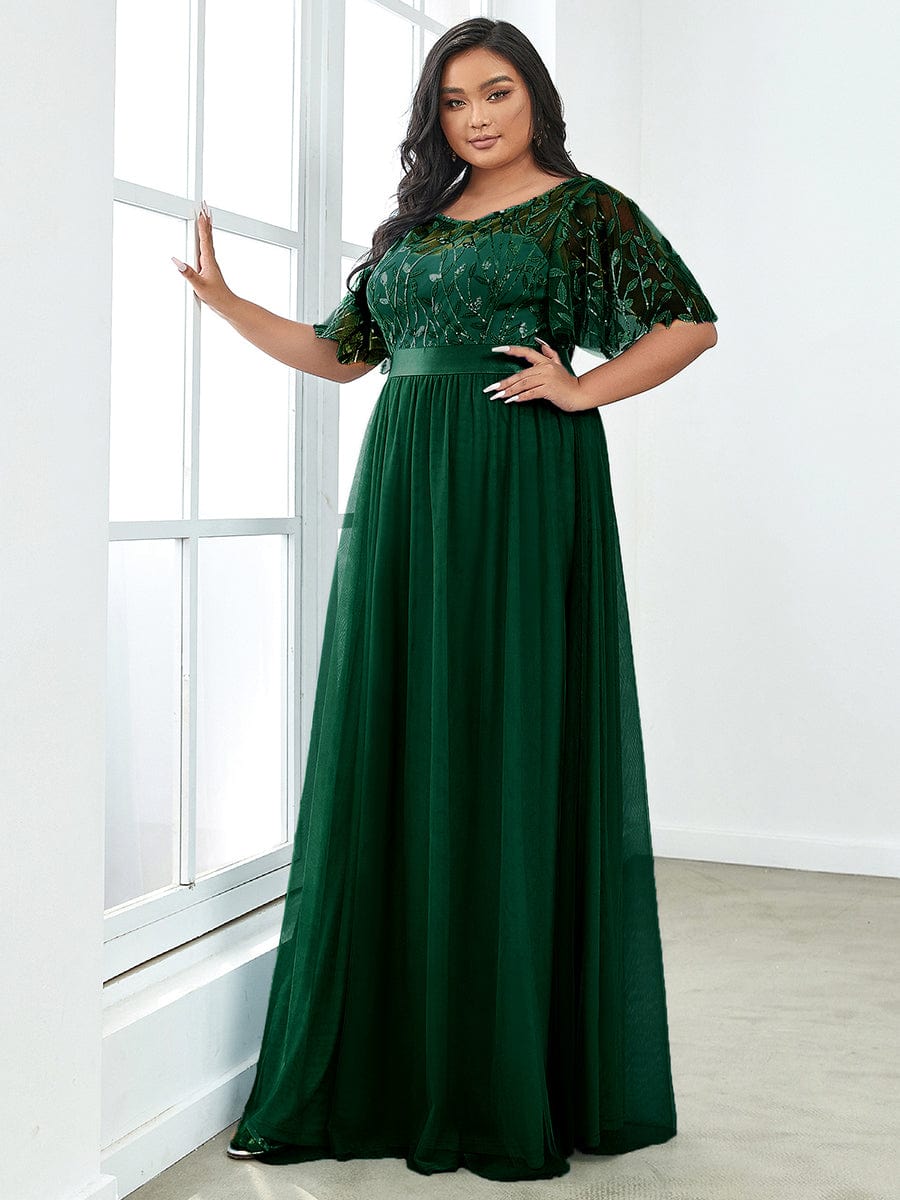 Women's A-Line Sequin Leaf Maxi Prom Dress with Sleeves #color_Dark Green