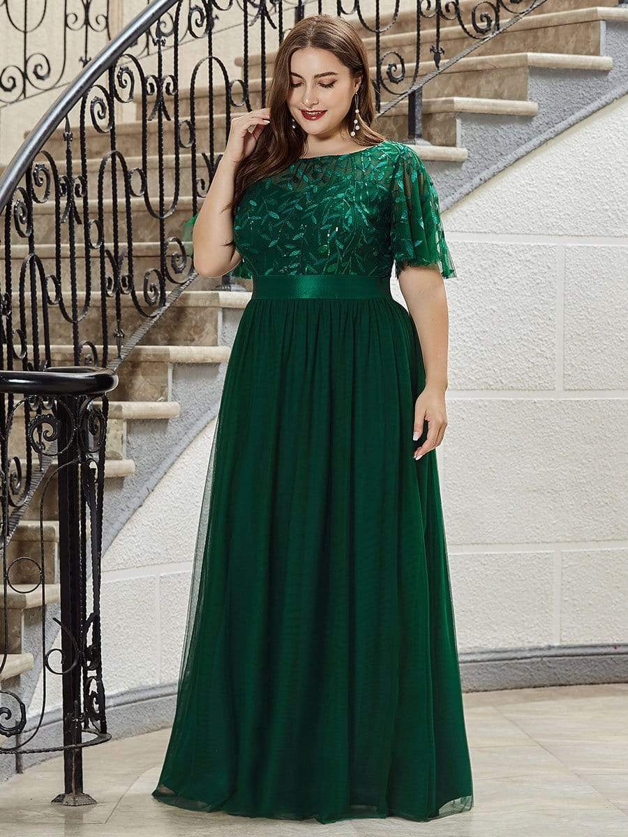 Plus Size Women's Embroidery Evening Dresses with Short Sleeve #color_Dark Green 