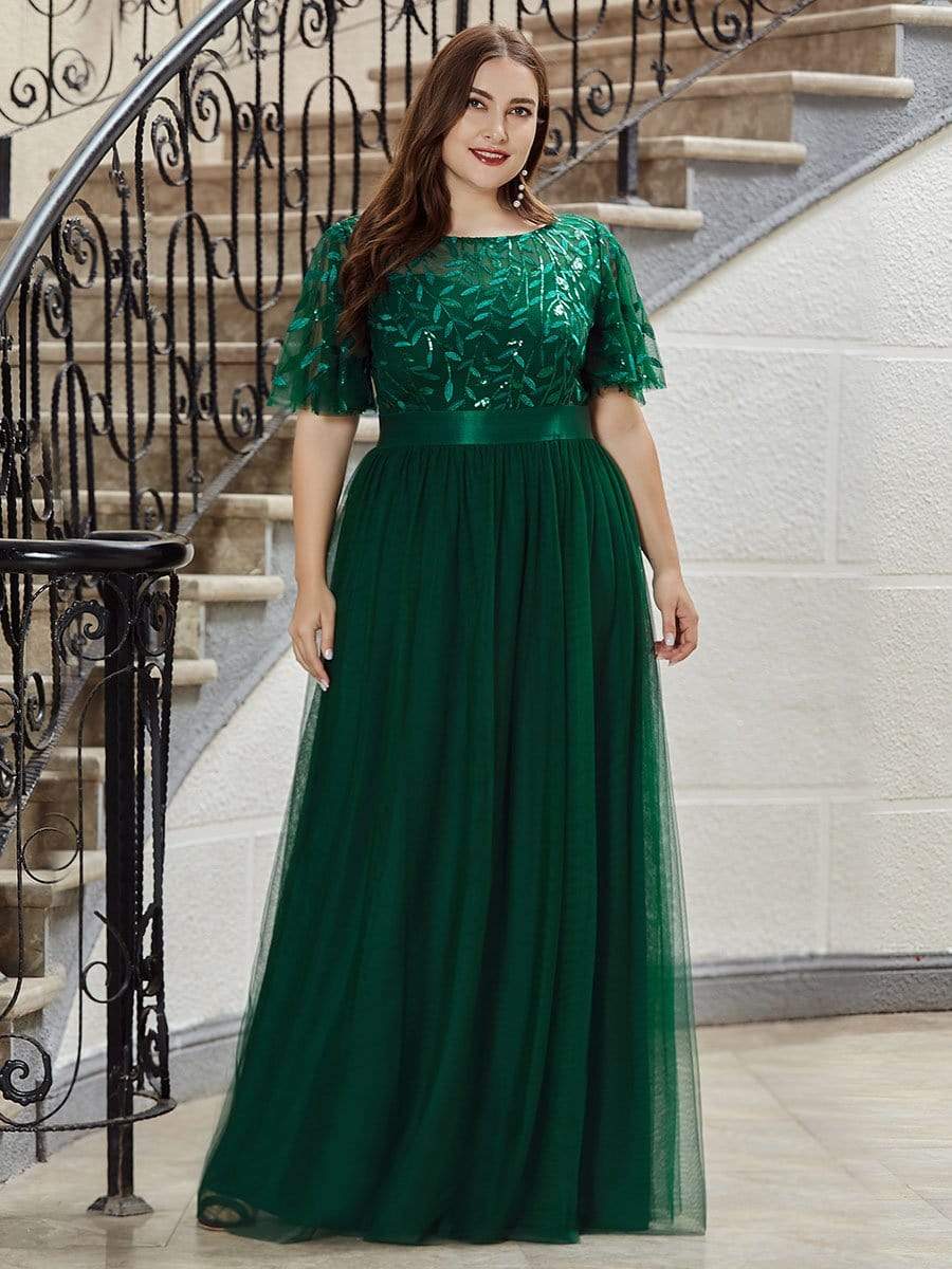 Plus Size Women's Embroidery Evening Dresses with Short Sleeve #color_Dark Green 