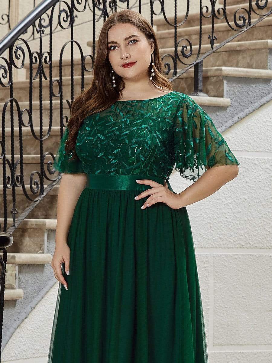 Plus Size Women's Embroidery Evening Dresses with Short Sleeve #color_Dark Green 