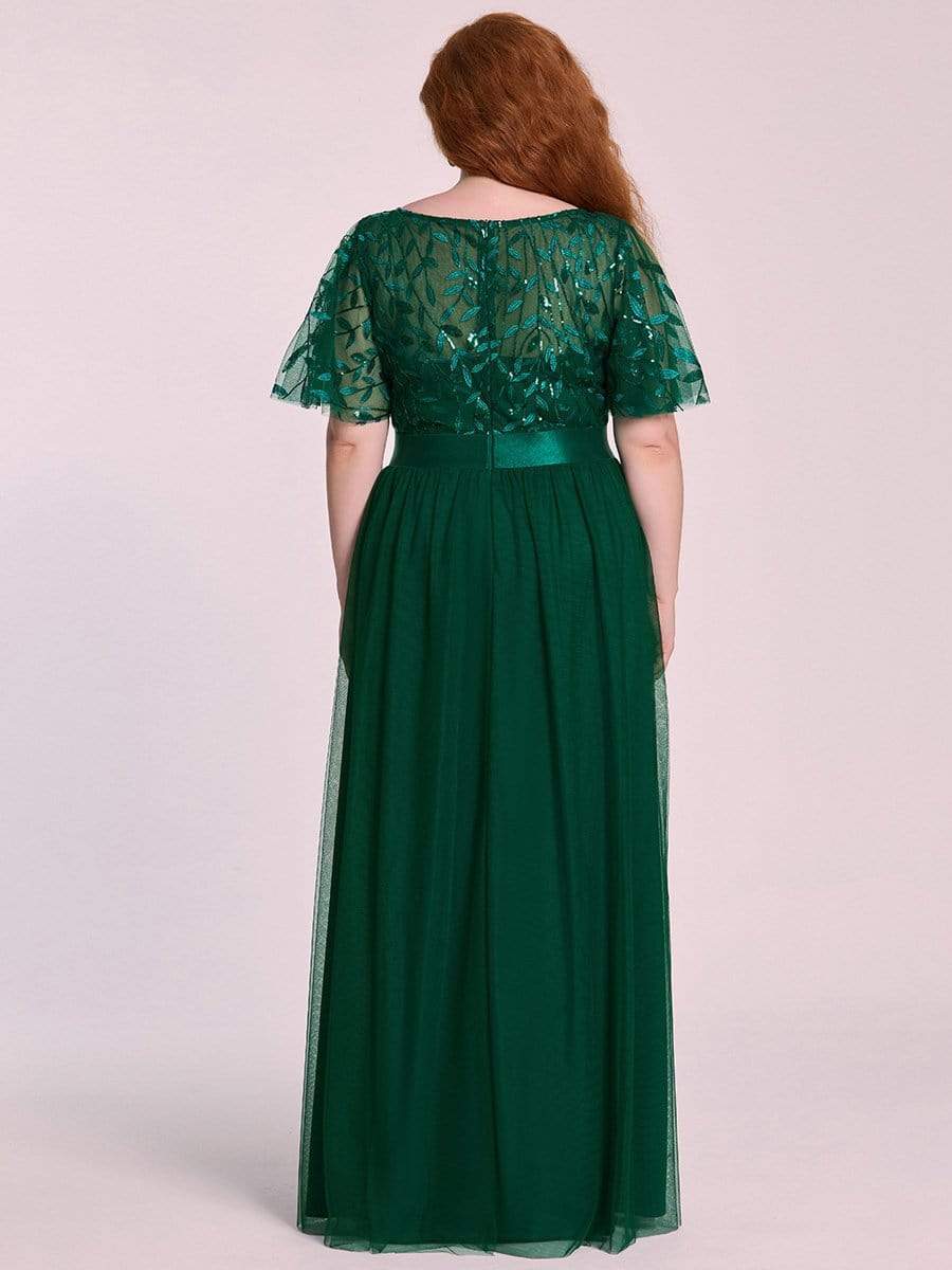 Plus Size Women's Embroidery Evening Dresses with Short Sleeve #color_Dark Green 