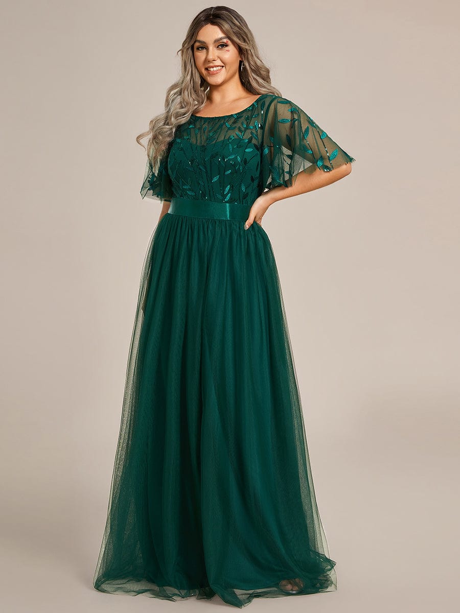 Plus Size Sequin Bodice Long Formal Evening Dresses #color_Dark Green