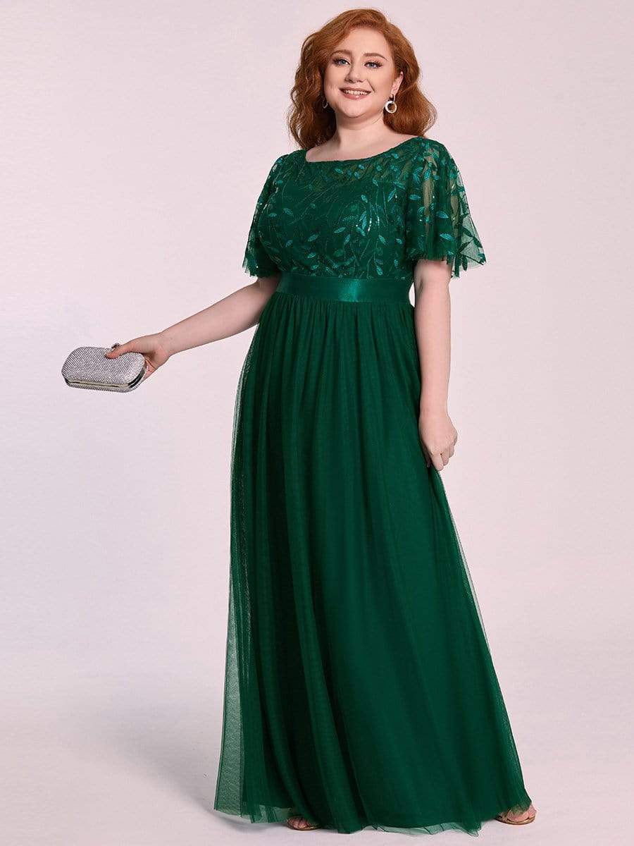 Plus Size Women's Embroidery Evening Dresses with Short Sleeve #color_Dark Green 