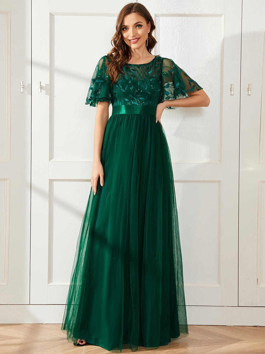 Women's A-Line Sequin Leaf Maxi Prom Dress with Sleeves #color_Dark Green