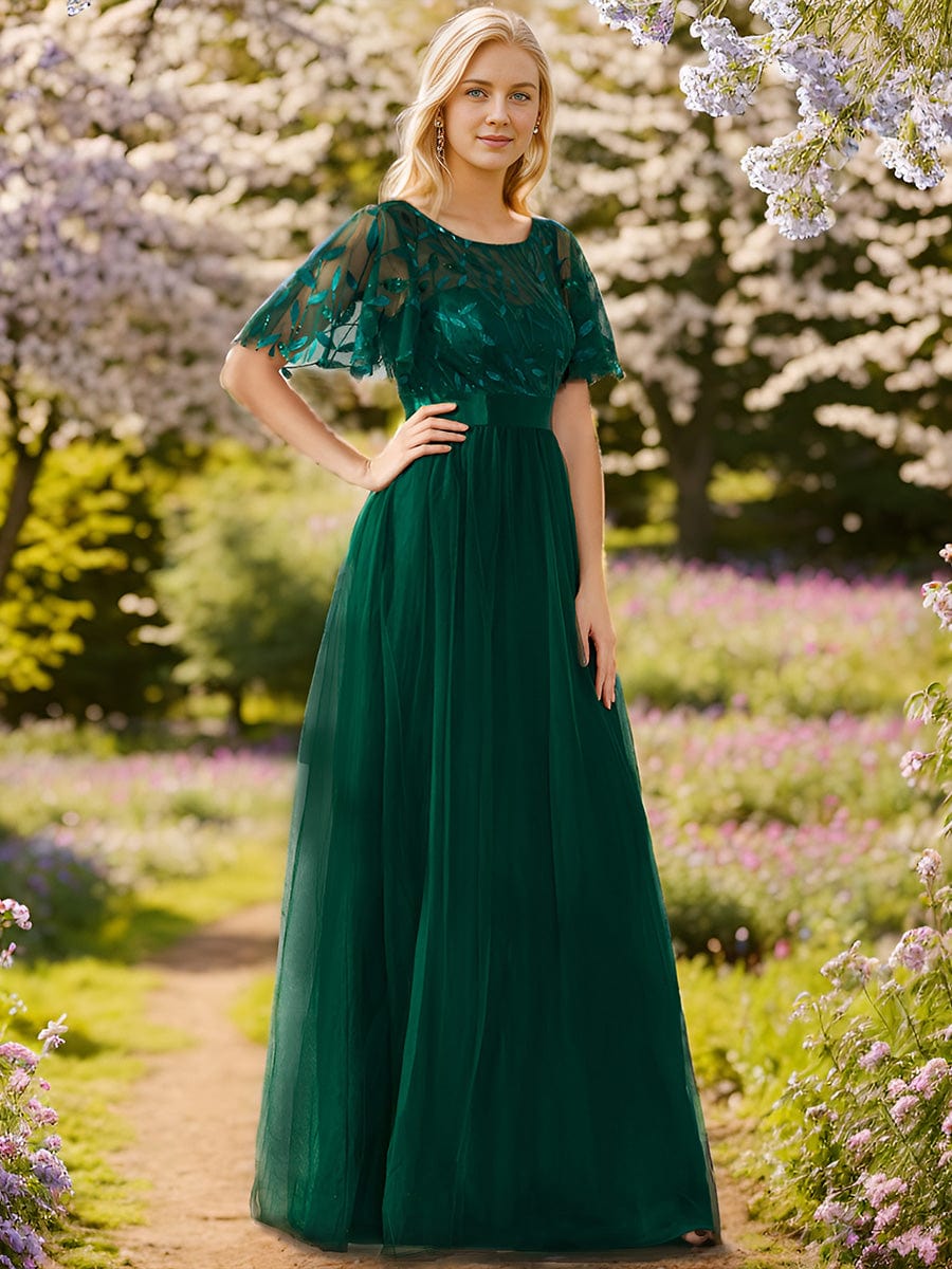 Women's A-Line Sequin Leaf Maxi Prom Dress with Sleeves #color_Dark Green