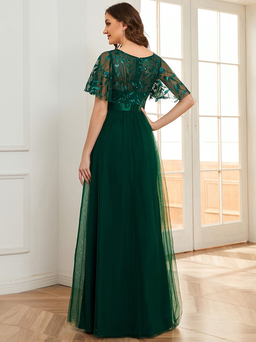 Women's A-Line Sequin Leaf Maxi Prom Dress with Sleeves #color_Dark Green