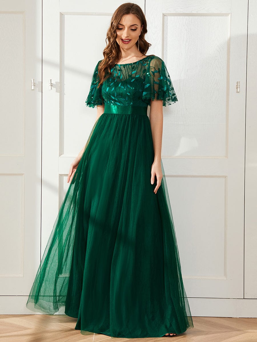 Women's A-Line Sequin Leaf Maxi Prom Dress with Sleeves #color_Dark Green