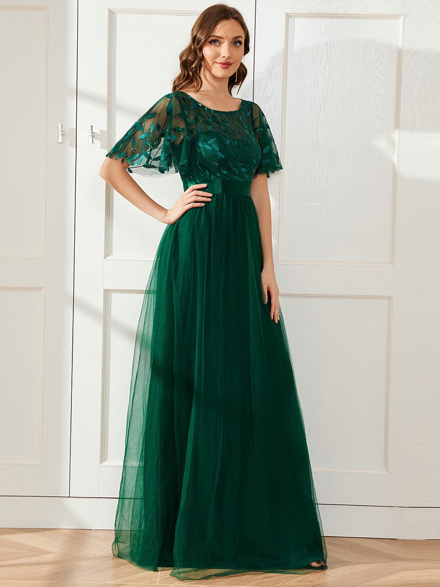 Women's A-Line Sequin Leaf Maxi Prom Dress with Sleeves #color_Dark Green