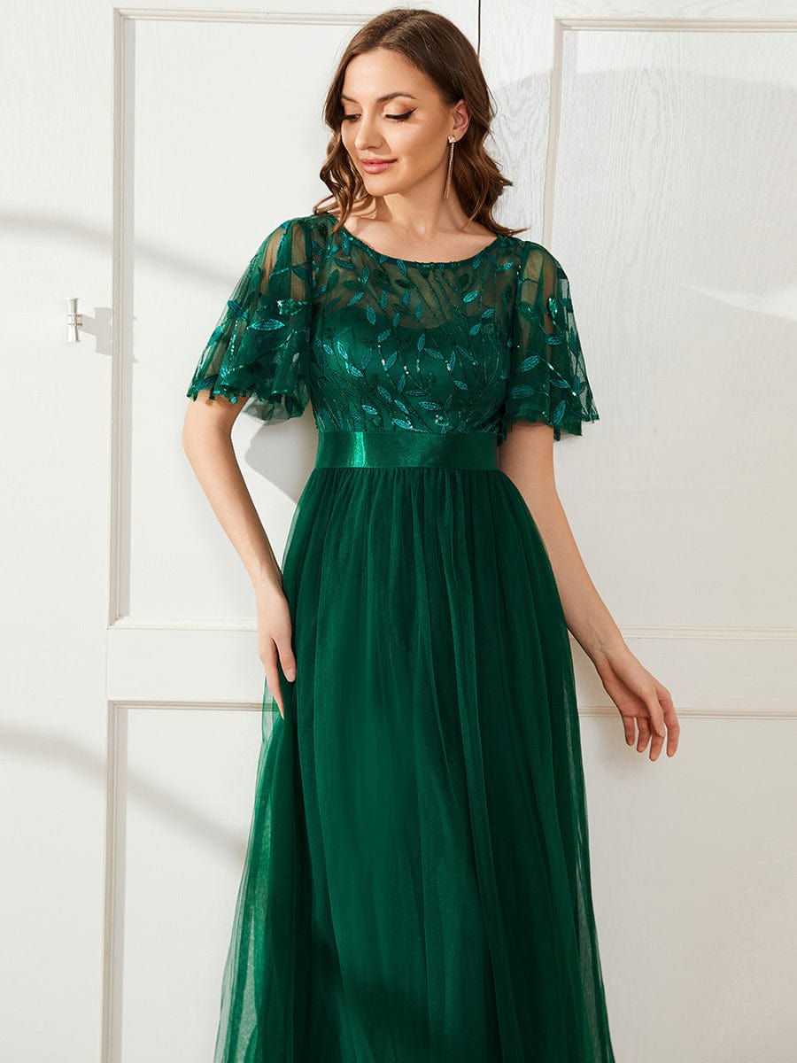 Women's A-Line Sequin Leaf Maxi Prom Dress with Sleeves #color_Dark Green