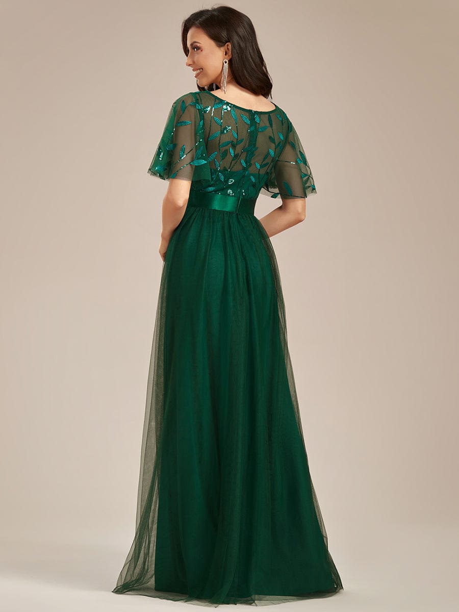 Women's A-Line Sequin Leaf Maxi Prom Dress with Sleeves #color_Dark Green