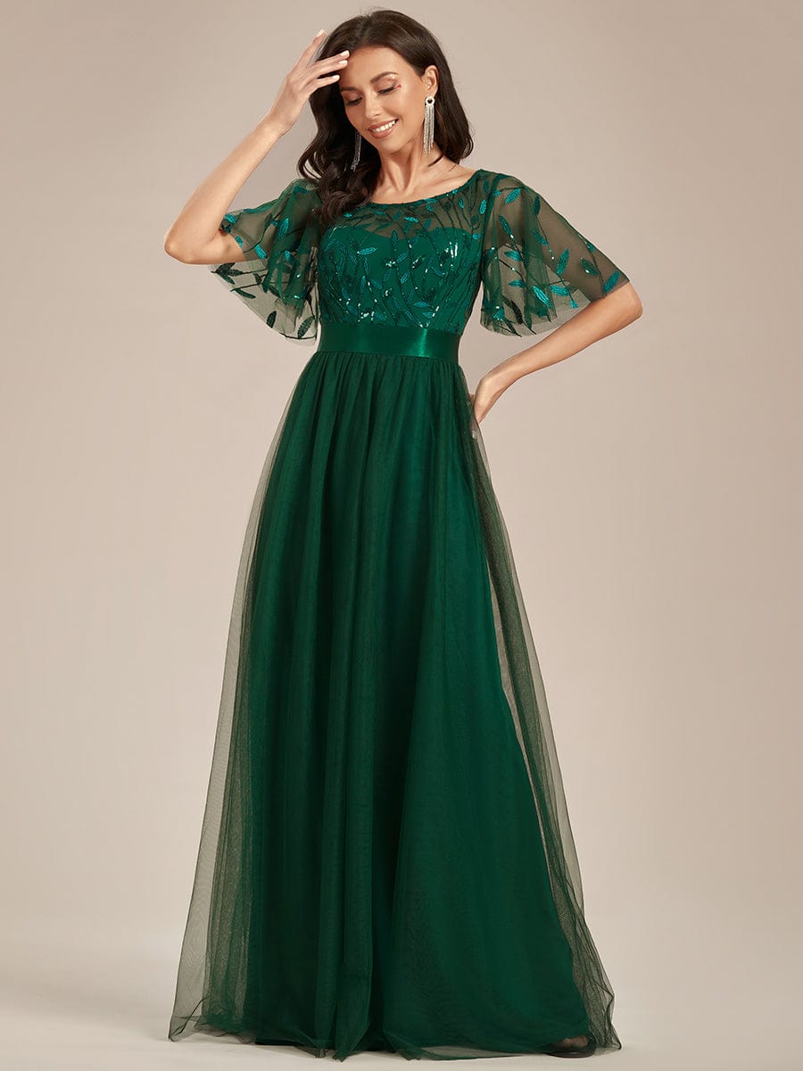 Women's A-Line Sequin Leaf Maxi Prom Dress with Sleeves #color_Dark Green