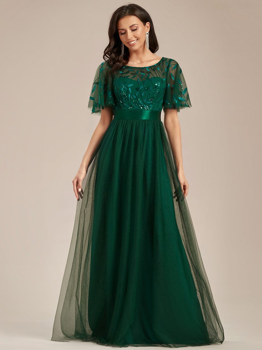 Women's A-Line Sequin Leaf Maxi Prom Dress with Sleeves #color_Dark Green