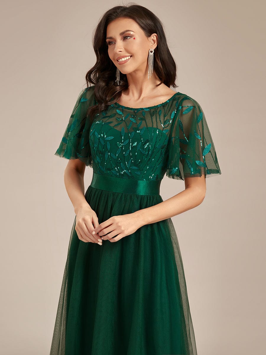 Women's A-Line Sequin Leaf Maxi Prom Dress with Sleeves #color_Dark Green