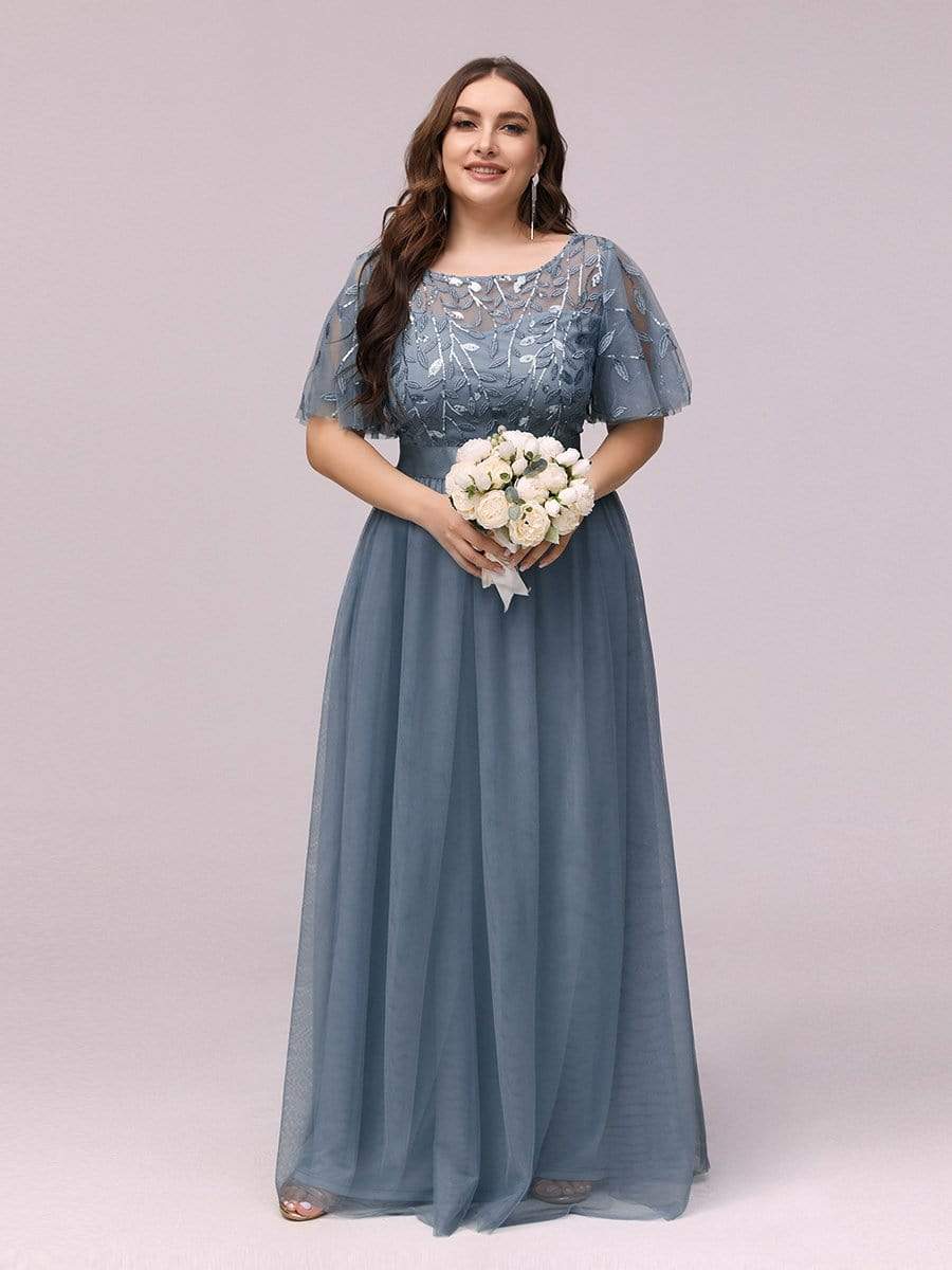 Women's A-Line Sequin Leaf Maxi Prom Dress with Sleeves #color_Dusty Navy 