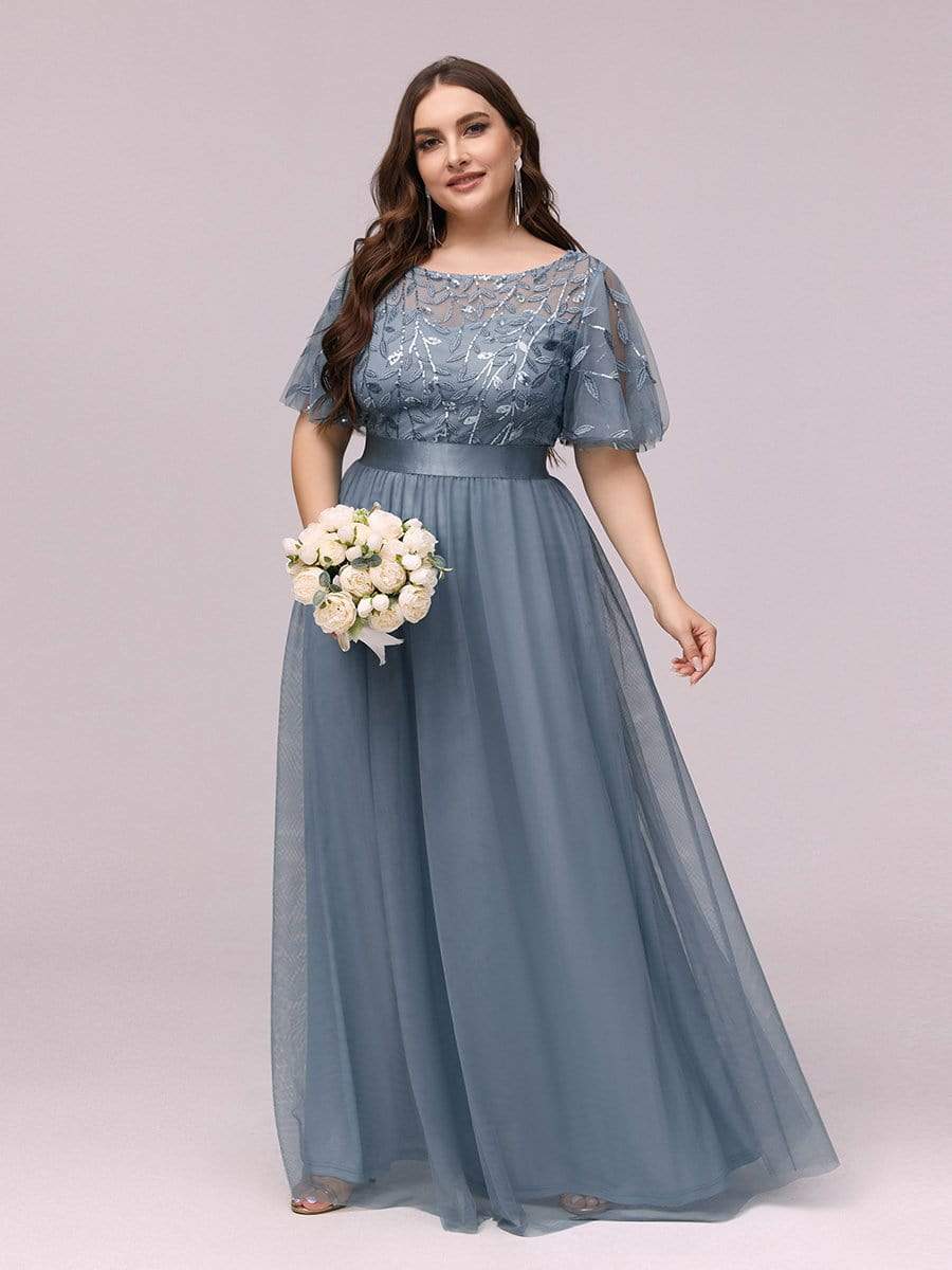 Plus Size Women's Embroidery Evening Dresses with Short Sleeve #color_Dusty Navy 