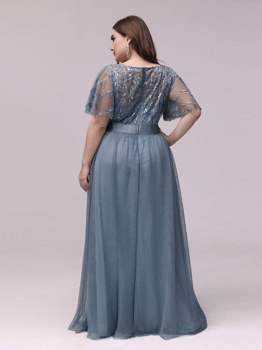 Plus Size Women's Embroidery Evening Dresses with Short Sleeve #color_Dusty Blue