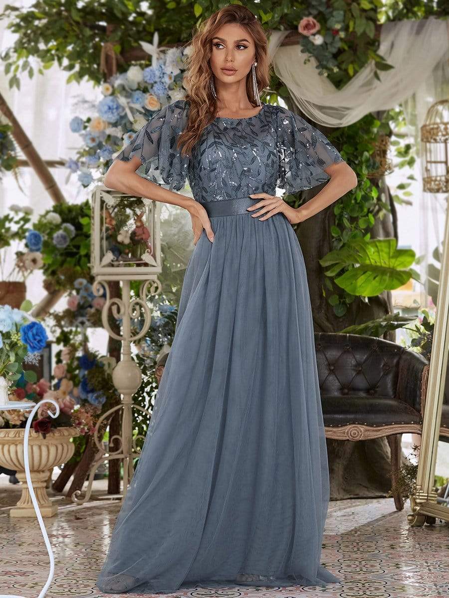 Women's A-Line Sequin Leaf Maxi Prom Dress with Sleeves #color_Dusty Blue