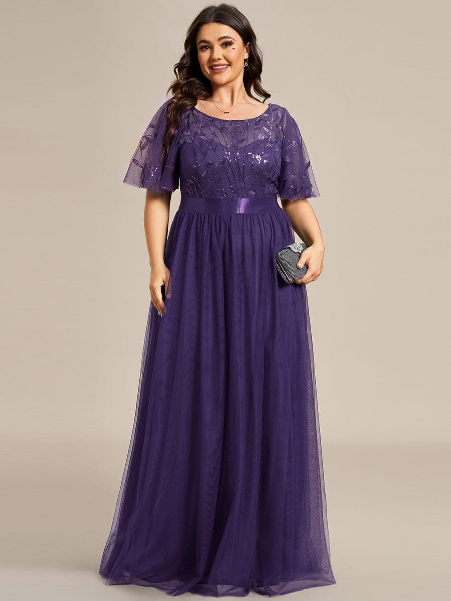 Plus Size Women's Embroidery Evening Dresses with Short Sleeve #color_Dark Purple