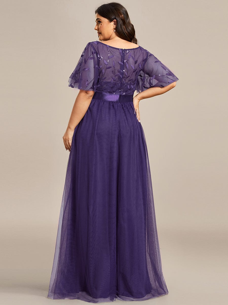 Plus Size Women's Embroidery Evening Dresses with Short Sleeve #color_Dark Purple