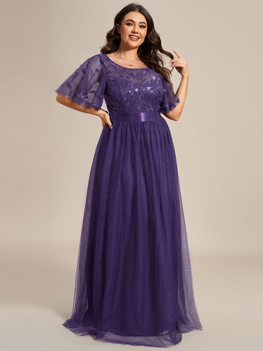 Plus Size Women's Embroidery Evening Dresses with Short Sleeve #color_Dark Purple