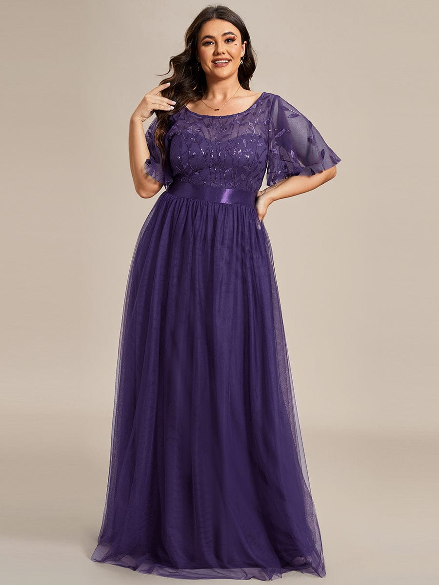 Plus Size Women's Embroidery Evening Dresses with Short Sleeve #color_Dark Purple