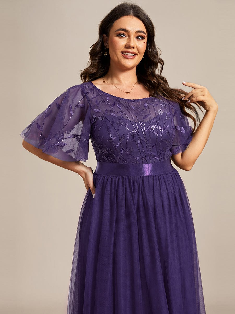 Plus Size Women's Embroidery Evening Dresses with Short Sleeve #color_Dark Purple