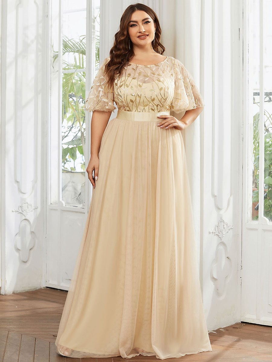 Plus Size Women's Embroidery Evening Dresses with Short Sleeve #color_Gold