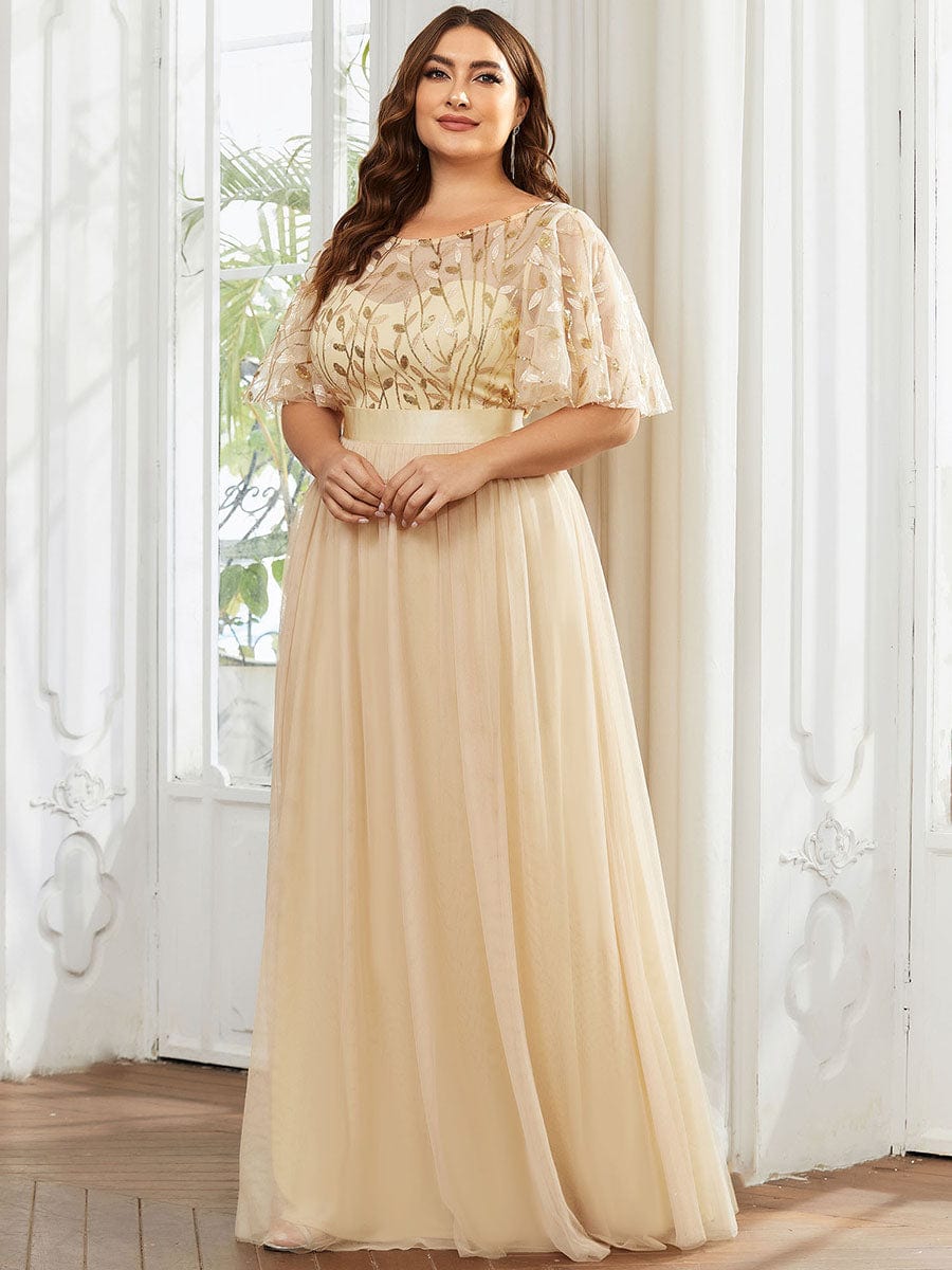 Plus Size Women's Embroidery Evening Dresses with Short Sleeve #color_Gold