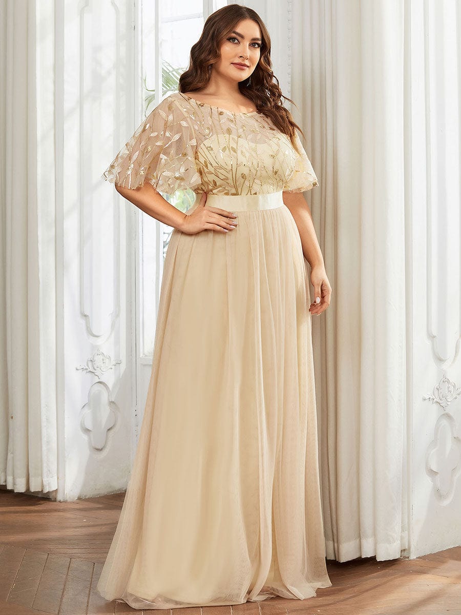 Plus Size Women's Embroidery Evening Dresses with Short Sleeve #color_Gold