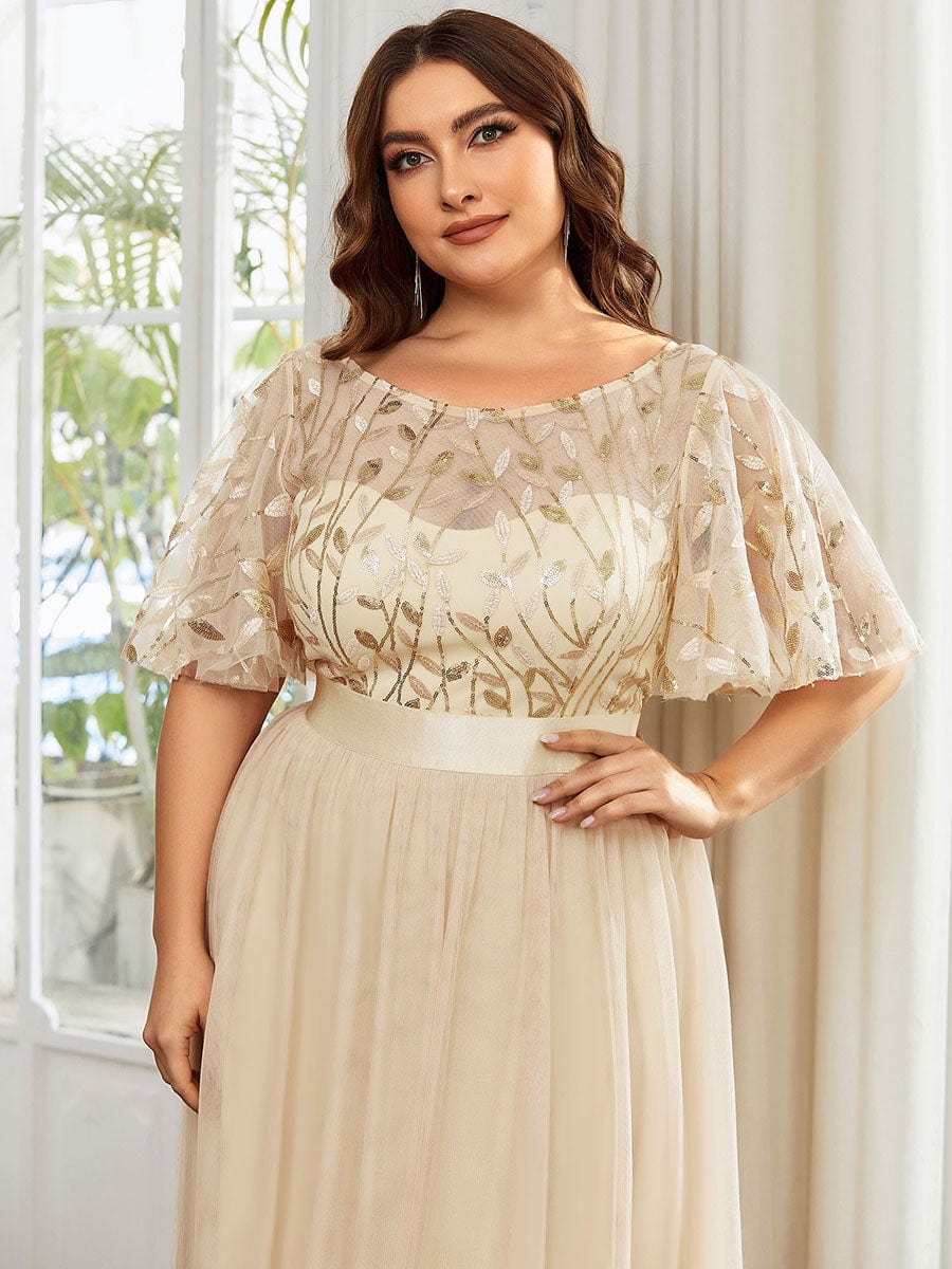 Plus Size Women's Embroidery Evening Dresses with Short Sleeve #color_Gold