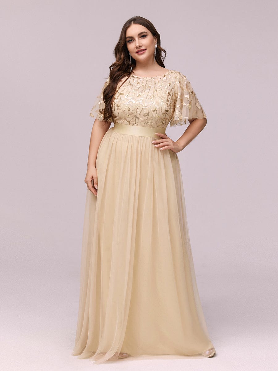 Plus Size Women's Embroidery Evening Dresses with Short Sleeve #color_Gold